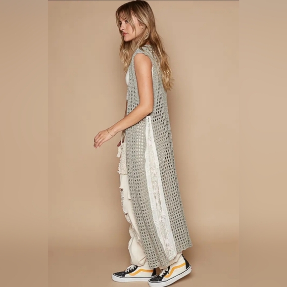 POL Boho Sleeveless lace crochet long cardigan/duster - Picture 2 of 5